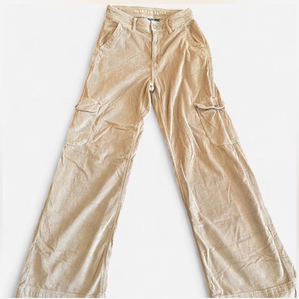 American Eagle Outfitters beige corduroy flare pants.